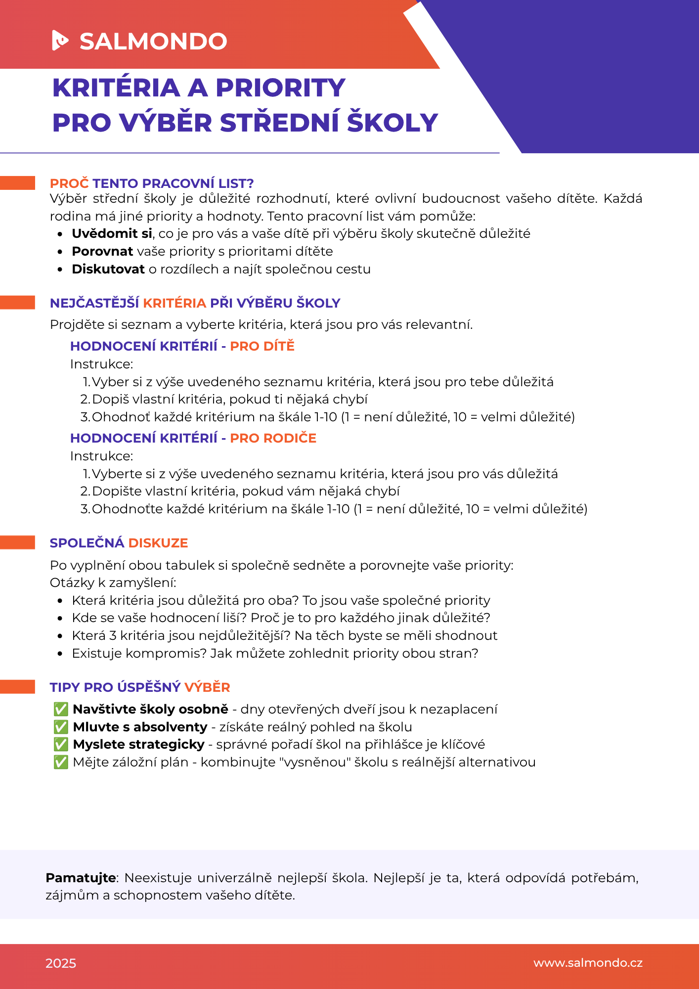 Kritéria a priority pro výběr střední školy